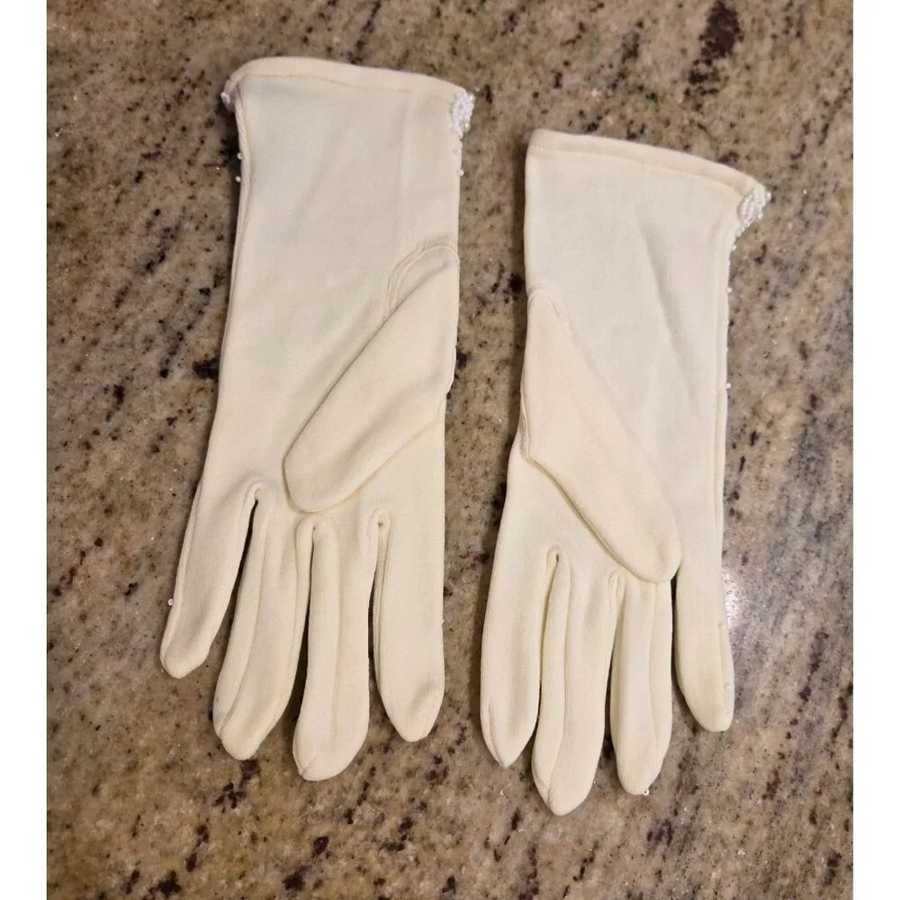 New! Vintage Women's One Size Stretch Nylon Yellow Formal Gloves Beaded Pearly